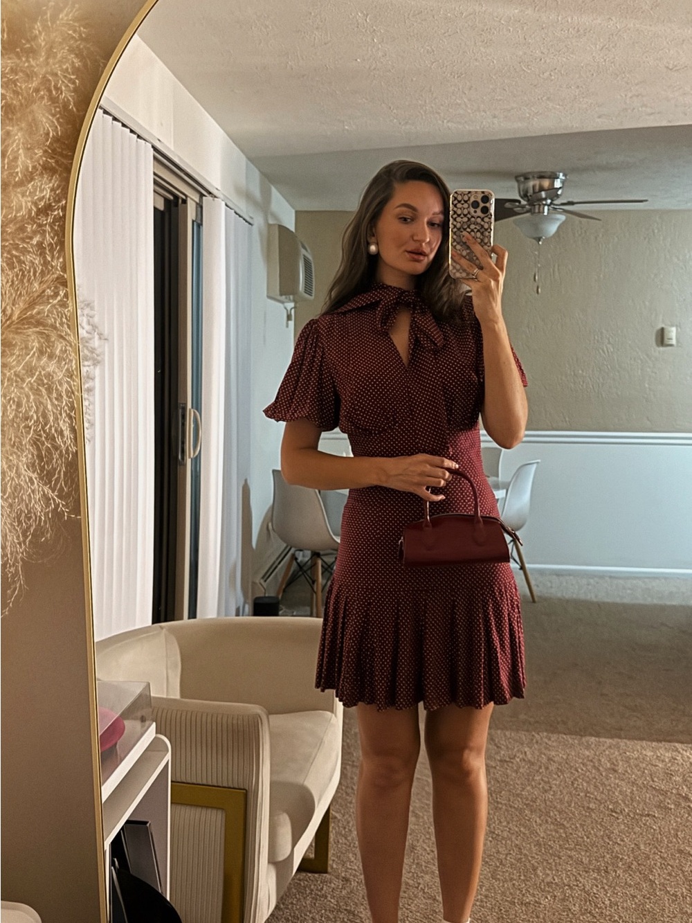 Cher17 Tie-Neck Burgundy Polka Dot Mini Dress